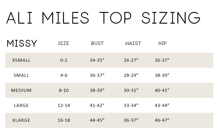 ali miles size chart for tops