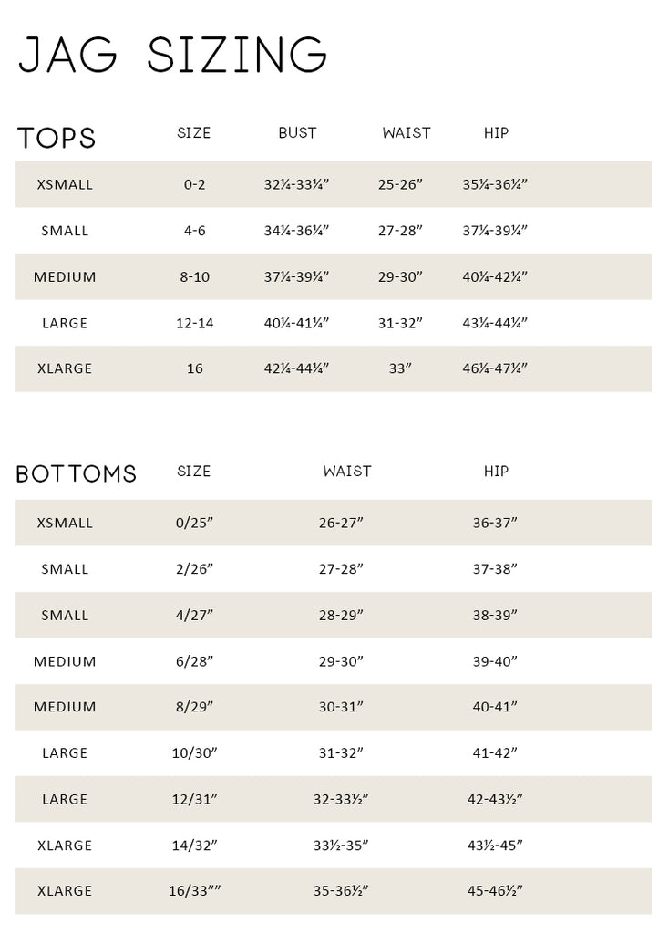 jag jeans size chart for tops and bottoms