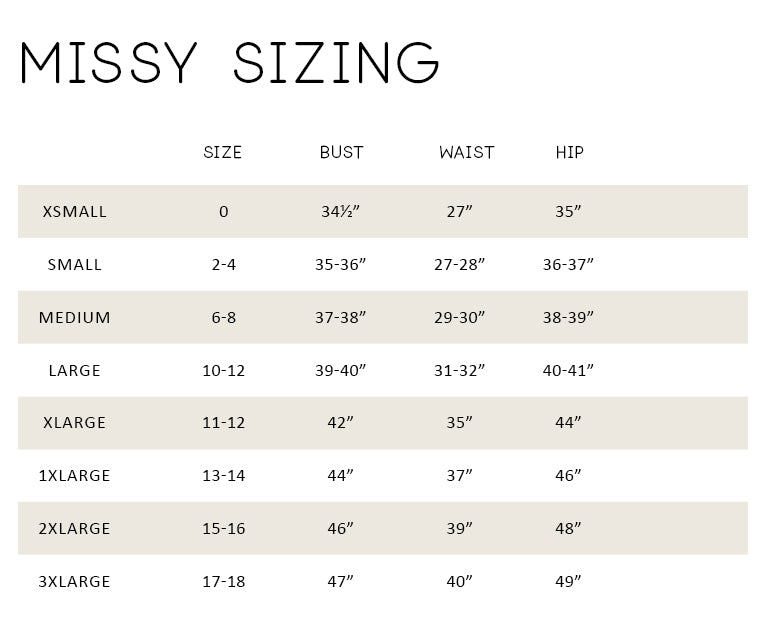 missy size chart for tops