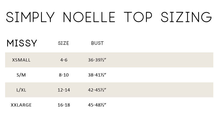 simply noelle size chart for tops